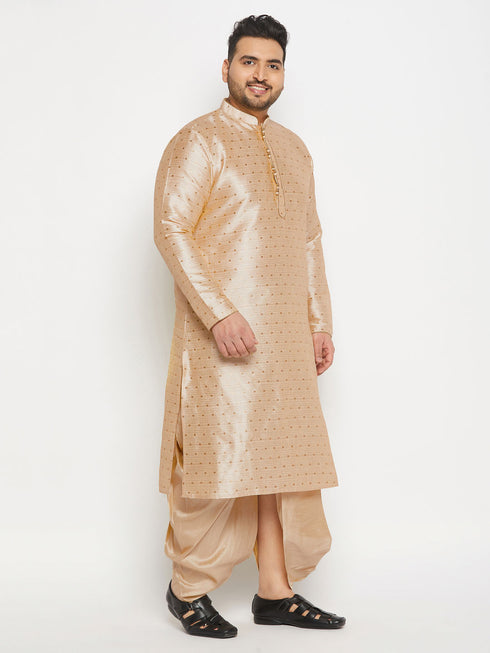 Vastramay Men's Plus Size Gold Zari Weaved Kurta Dhoti Set